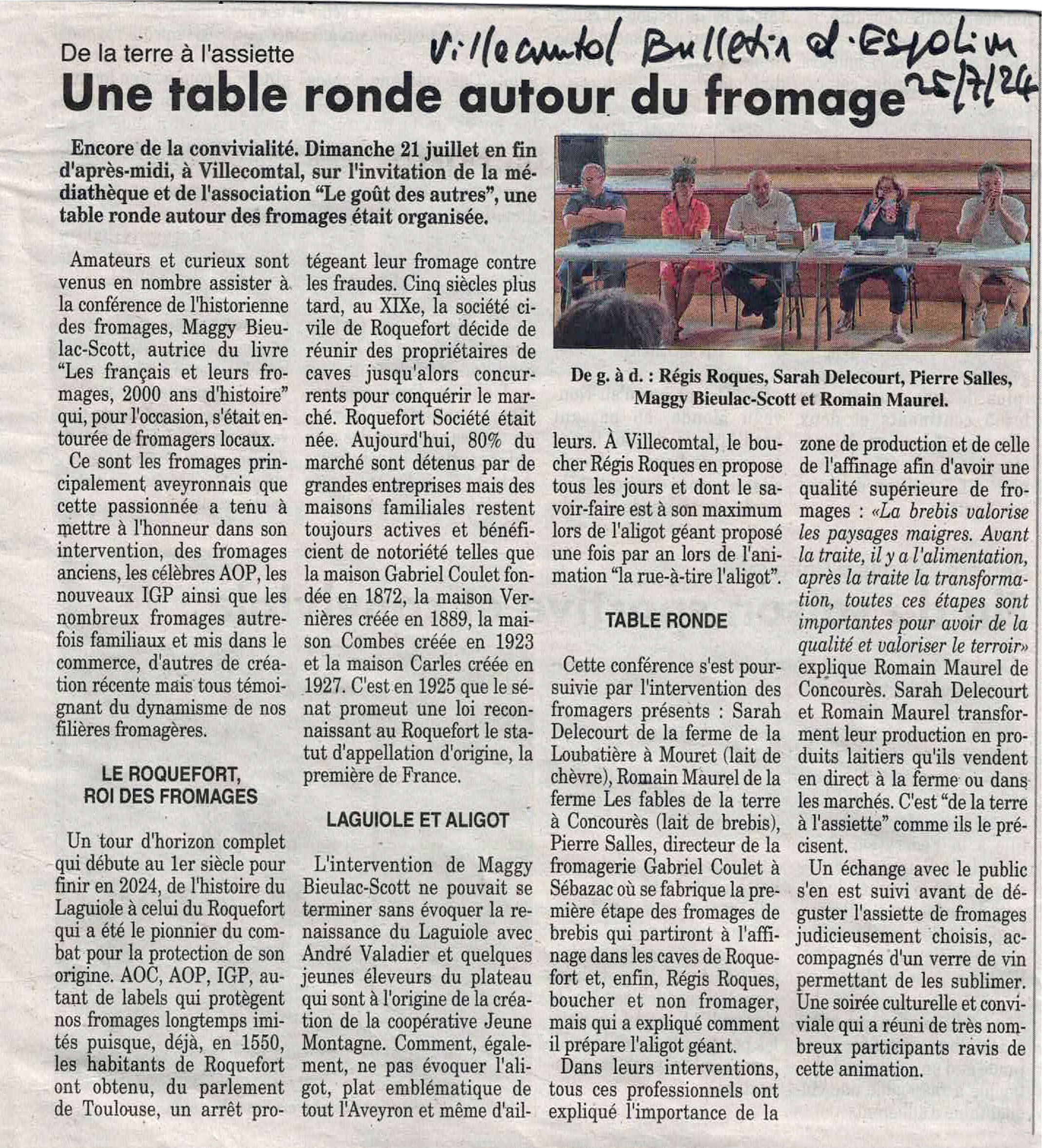 Compte-rendu de la table- ronde fromagère dans le Bulletin d'Espalion du 25 juillet 2024