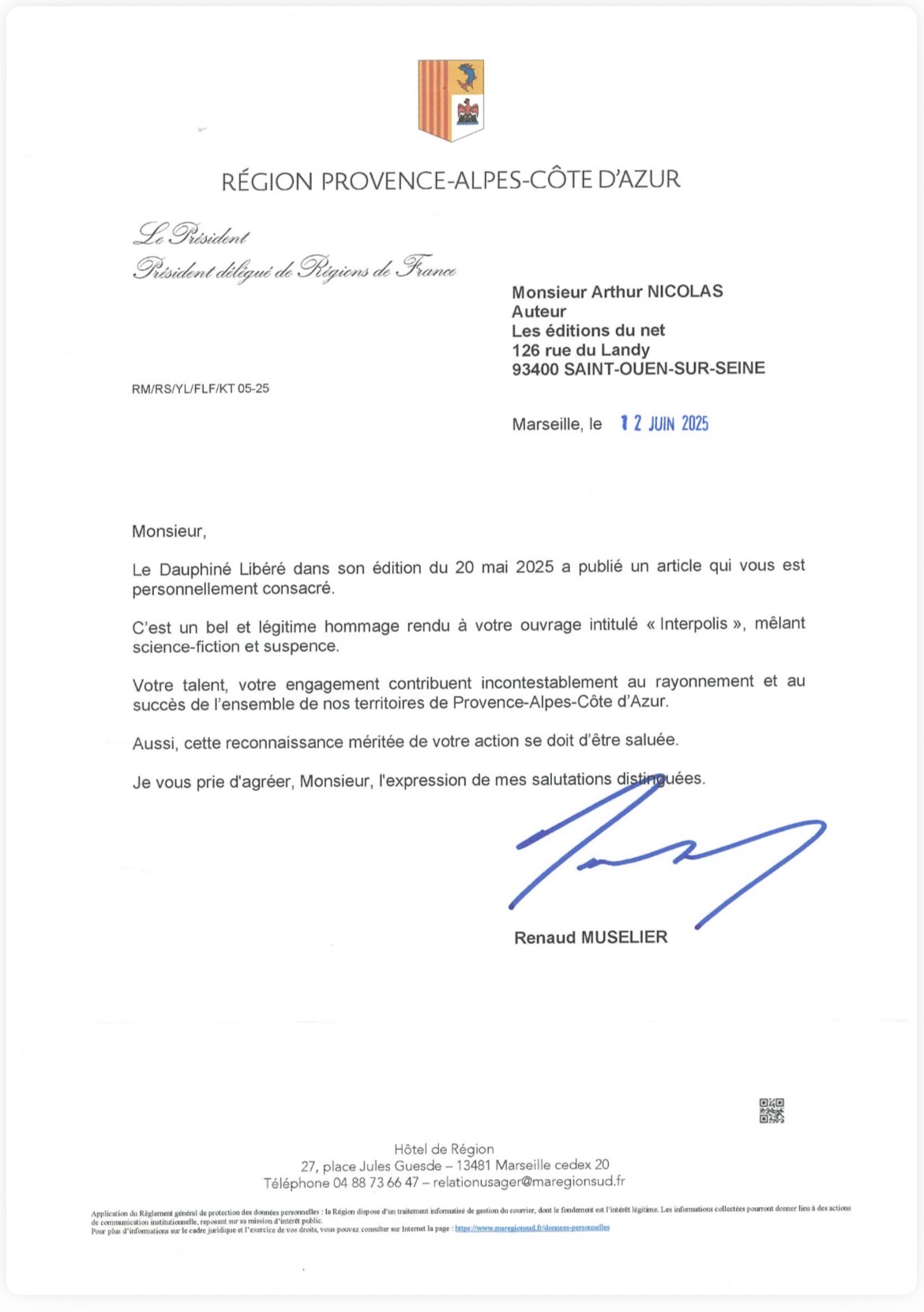 Lettre de remerciement du président de la Région SUD, Renaud Muselier