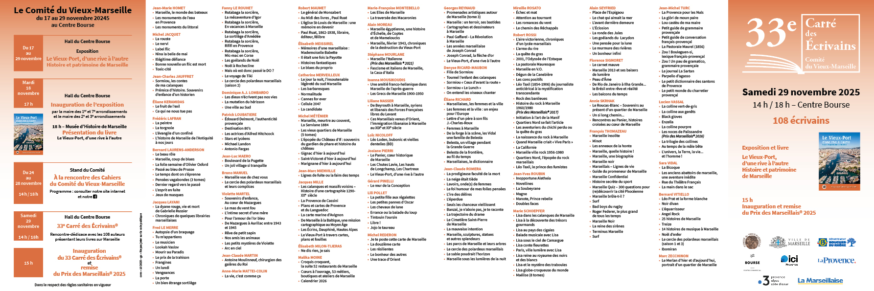 Liste des auteurs sélectionnés pour le 33e Carré des écrivains, Marseille, Centre Bourse, 29 novembre 2025, dont Jean-Charles Jauffret